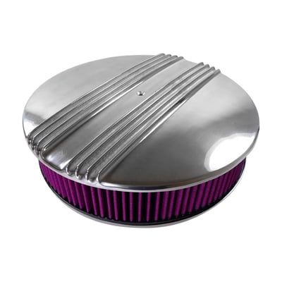 Air Cleaner, Polished Aluminum Finned Top, 14" x 3" Washable Filter, Hi-lip Chrome Drop Base, 5-1/8" Neck (4150)