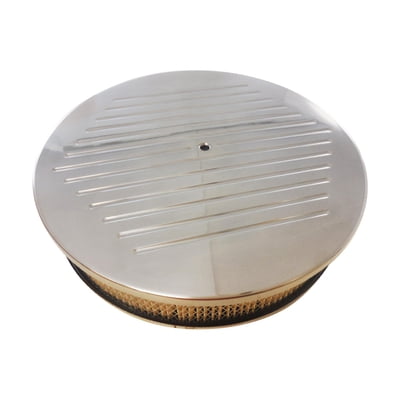 Air Cleaner, Polished Aluminum Ball Milled Top, 14" x 3" Washable Filter, Hi-lip Chrome Drop Base, 5-1/8" Neck (4150)