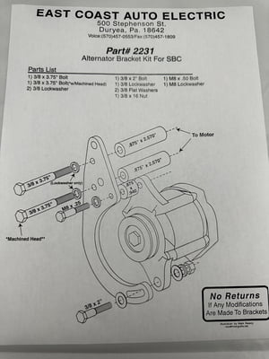 SBC, Alternator Bracket, 2025/2027 Alternators, Low Mount, Aluminum, Black Anodized, Block Mount, 93mm