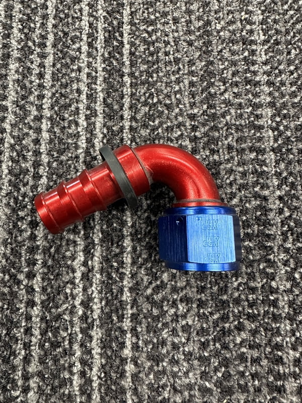 XRP Fitting, #10, -10AN, AN10, 120° Degree, Push On / Push Lock Hose End, Red/Blue