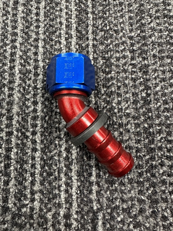 XRP Fitting, #12, -12AN, AN12, 45° Degree, Push On / Push Lock Hose End, Red/Blue