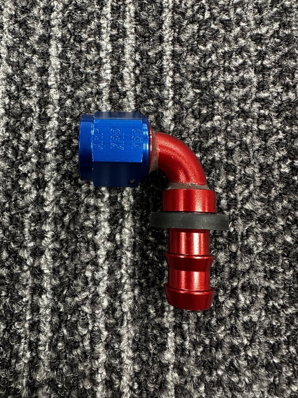 XRP Fitting, #8, -8AN, AN8, 90° Degree, Push On / Push Lock Hose End, Red/Blue