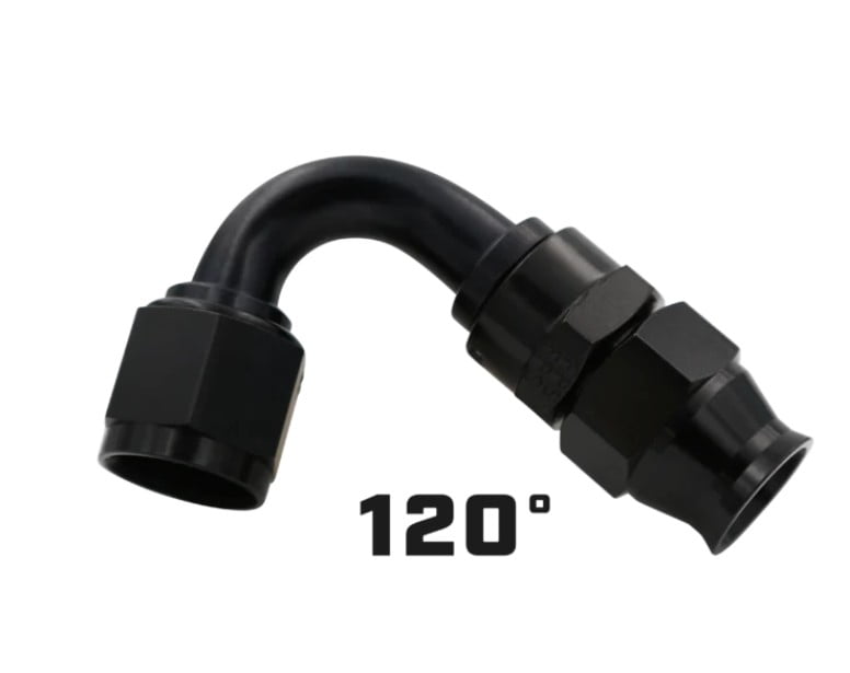 #6 - 120°. Fitting, Hose End, PTFE Racing Hose, -6 AN Hose to Female -6 AN, SAE 37 Degree Flare, Black