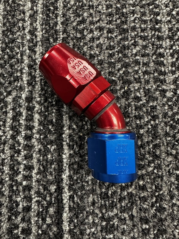 XRP Fitting, #10, -10AN, AN10, 45° Degree, Double Swivel Hose End, Red/Blue