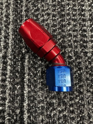 XRP Fitting, #8, -8AN, AN8, 45° Degree, Double Swivel Hose End, Red/Blue