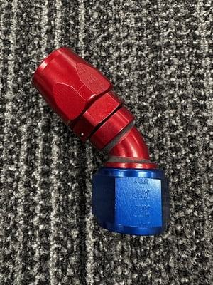 XRP Fitting, #12, -12AN, AN12, 45° Degree, Double Swivel Hose End, Red/Blue