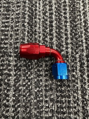 XRP Fitting, #6, -6AN, AN6, 90° Degree, Double Swivel Hose End, Red/Blue