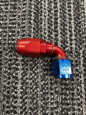 XRP Fitting, #8, -8AN, AN8, 90° Degree, Double Swivel Hose End, Red/Blue