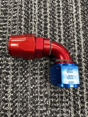 XRP Fitting, #12, -12AN, AN12, 90° Degree, Double Swivel Hose End, Red/Blue