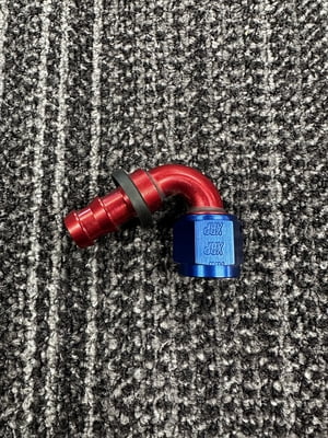 XRP Fitting, #8, -8AN, AN8, 120° Degree, Push On / Push Lock Hose End, Red/Blue