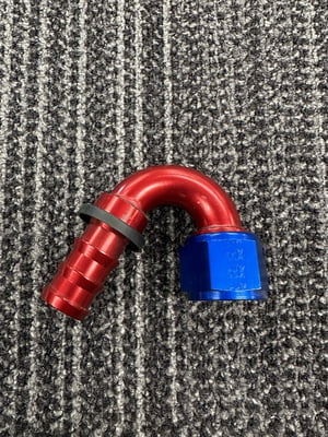 XRP Fitting, #12, -12AN, AN12, 150° Degree, Push On / Push Lock Hose End, Red/Blue