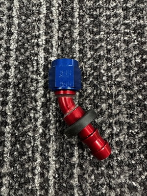 XRP Fitting, #6, -6AN, AN6, 45° Degree, Push On / Push Lock Hose End, Red/Blue