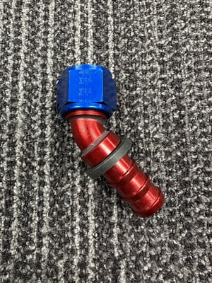 XRP Fitting, #12, -12AN, AN12, 45° Degree, Push On / Push Lock Hose End, Red/Blue