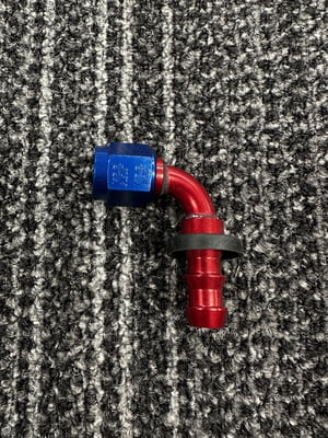 XRP Fitting, #6, -6AN, AN6, 90° Degree, Push On / Push Lock Hose End, Red/Blue