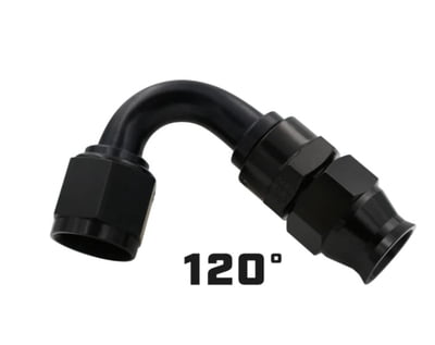 #6 - 120°. Fitting, Hose End, PTFE Racing Hose, -6 AN Hose to Female -6 AN, SAE 37 Degree Flare, Black