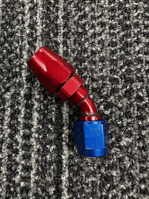 XRP Fitting, #6, -6AN, AN6, 45° Degree, Double Swivel Hose End, Red/Blue