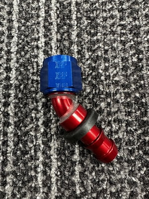 XRP Fitting, #8, -8AN, AN8, 45° Degree, Push On / Push Lock Hose End, Red/Blue