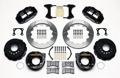 Disc Brakes, Rear, Vented, Solid Surface, 4-Piston Calipers, Ford, 9 in. Rear Axle, Big Ford (3.50" x 2.37"), 13.00" Rotors, Internal Drum Parking Brake, 2.36" Offset Maximum