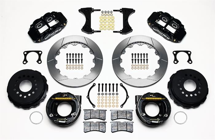 Disc Brakes, Rear, Vented, Solid Surface, 4-Piston Calipers, Ford, 9 in. Rear Axle, Big Ford (3.50" x 2.37"), 13.00" Rotors, Internal Drum Parking Brake, 2.36" Offset Maximum