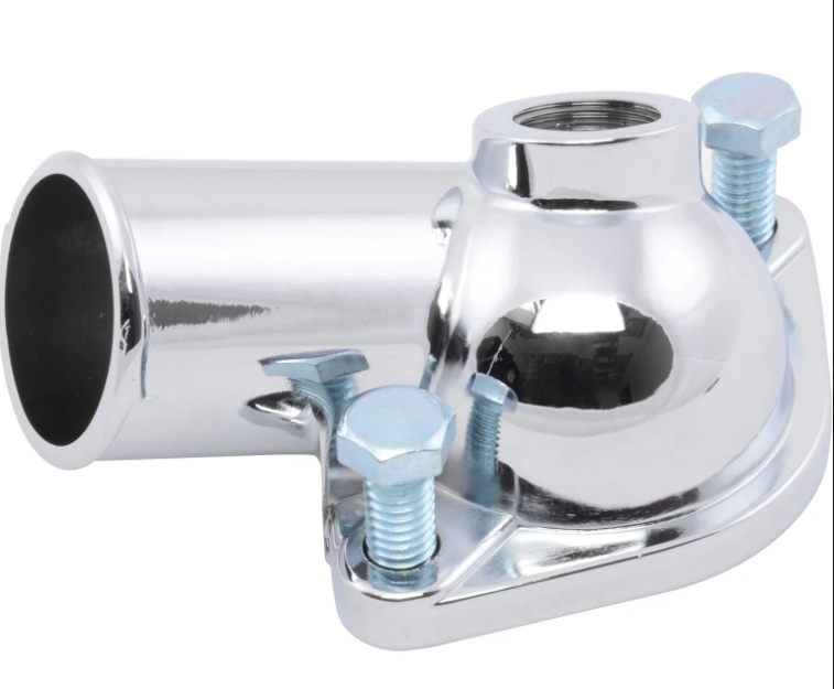 Chrome Angled 1-1/2" Water Outlet / Neck, Thermostat Housing w/ 1/2" NPT Port, 1966-75 SBC