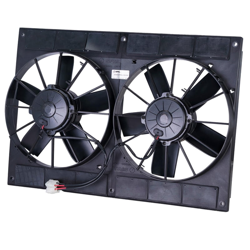 11.00" Diameter Dual Fan w/ Plastic Shroud, Electric, Brushed, 2720 cfm, 12V, Puller, Black, 23.465" Wide x 16.259" height x 4.314 Thick
