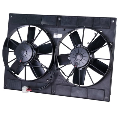 11.00" Diameter Dual Fan w/ Plastic Shroud, Electric, Brushed, 2720 cfm, 12V, Puller, Black, 23.465" Wide x 16.259" height x 4.314 Thick