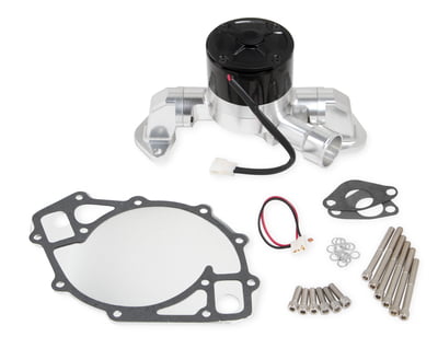 BB Ford Water Pump, 429/460, Electric, 35GPM, With Block Off Plate, Black, Aluminum, Includes 1.75" Hose Fitting, Gaskets, Wiring Pigtail, Mounting Hardware