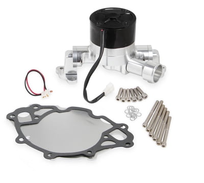 SB Ford electric Water Pump, Polished, 35 GPM, Includes 1.75" Hose Fitting, Gaskets, Wiring Pigtail, Mounting Hardware & Block Plate