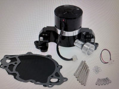 SB Ford electric Water Pump, Black, 35 GPM, Includes 1.75" Hose Fitting, Gaskets, Wiring Pigtail, Mounting Hardware & Block Plate