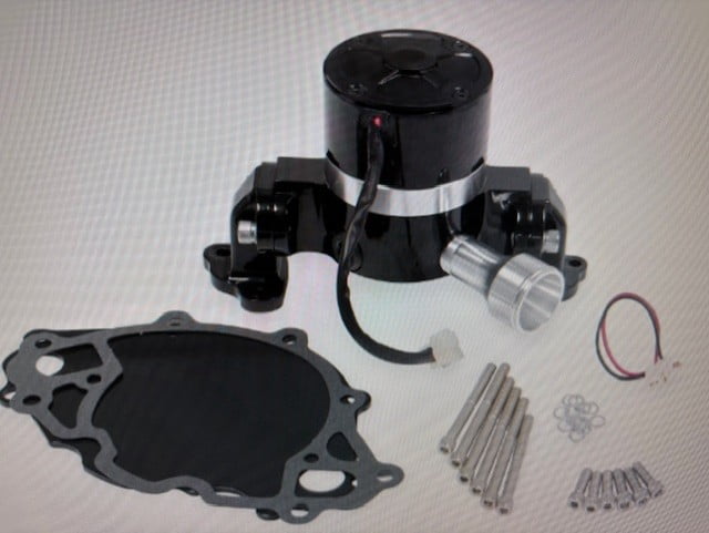 SB Ford electric Water Pump, Black, 35 GPM, Includes 1.75" Hose Fitting, Gaskets, Wiring Pigtail, Mounting Hardware & Block Plate