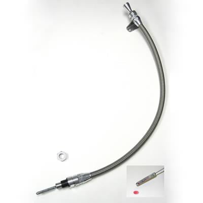 TH350/400, Firewall Mount, Brite Stainless,Transmission Dipstick, Locking, Braided Stainless Steel/Natural