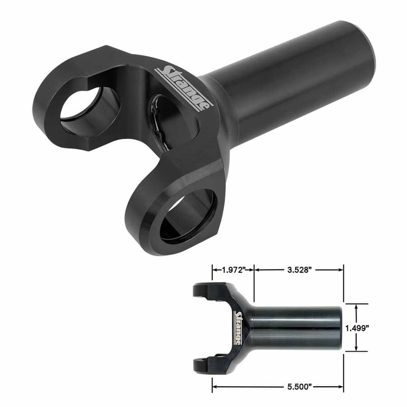 Yoke, 2-Piece Removable Caps, Nitrided (For roller bearing), P/G, TH350 Trans. Yoke, 27 Spline, Chromoly Steel, OAL 5.500", 1.500" Dia., TH350, T-56, 4L60, 4L60E, 1.500" O.D., Muncie, T-10, (Same as U1667), 4.650" end of spline to center of U-joint