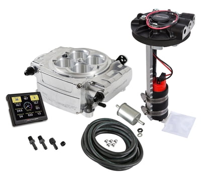 Holley Sniper 2 EFI, Polished, 4150 Flange, 800CFM, 650HP, Kit, Without PDM, 3.5 in. Handheld, Return Style Drop In Module Fuel System Included (Pump, Filter, Hose, Fittings, Return Style Module)