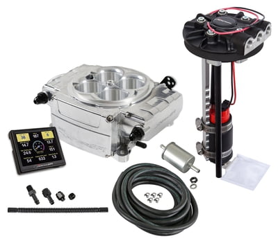 Holley Sniper 2 EFI, Polished, 4150 Flange, 800CFM, 650HP, Kit, Without PDM, 3.5 in. Handheld, Returnless Style Drop In Module Fuel System Included (Pump, Filter, Hose, Fittings, Returnless Style Module)