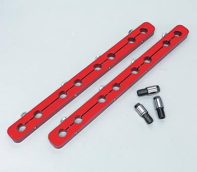 SBC, 7/16-20, Rocker Arm Stud Girdle, Aluminum, Red, 1-Piece Solid Bar Design