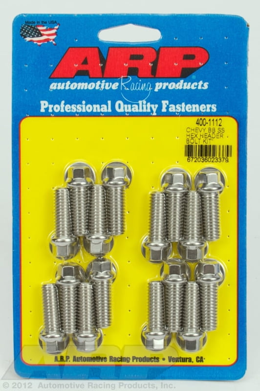 3/8", 1.00" UHL, Header Bolts, Hex Head, 3/8" Wrench, Stainless Steel, BBC, Ford & More, Set of 16