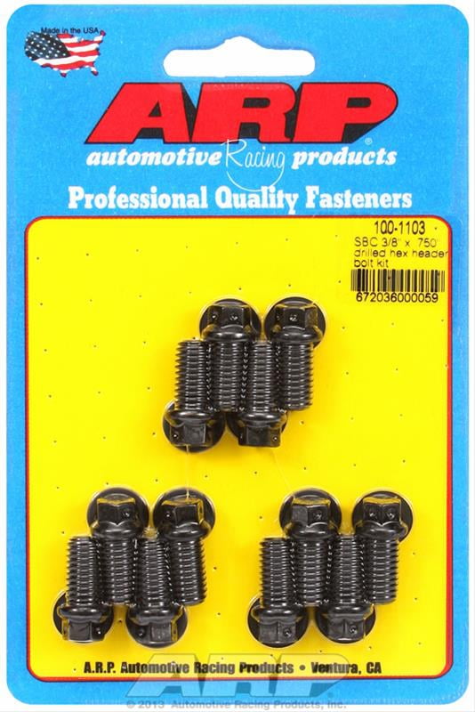3/8", Drilled Header Bolts, Hex Head, Hole For Safety Wire, Black Oxide, .750"UHL, SBC, Small Block, Set of 12....