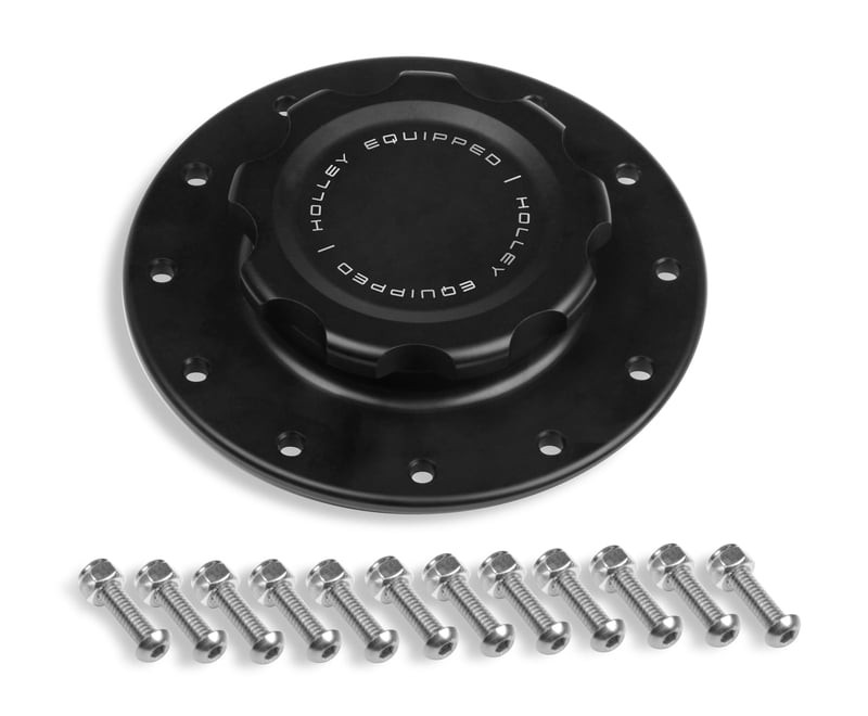 Black Fill Cap W/ Aluminum 12 Hole Cell Bung, 4-1/4 in., (Replaces JAZ 12 Bolt Cap), 5.343" CxC On Bolt Holes, Fuel Cell, "Holley Equipped" (Same as CHA-C74-715)