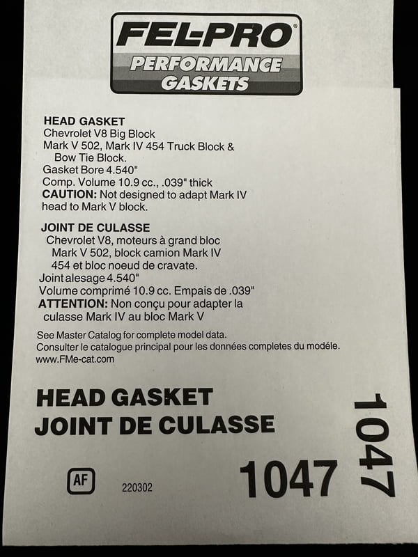 BBC Head Gasket, 4.540", Composition Type, .039" Compressed Thickness