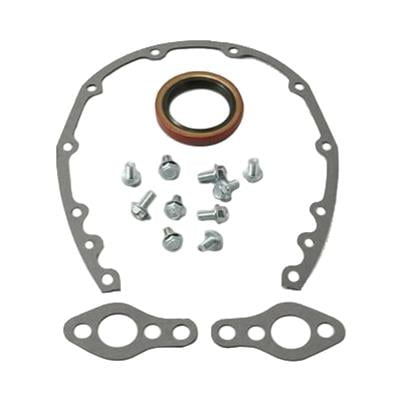 SBC Kit Includes Timing Cover Gasket, Seal, Chrome Bolts and Water Pump Gaskets