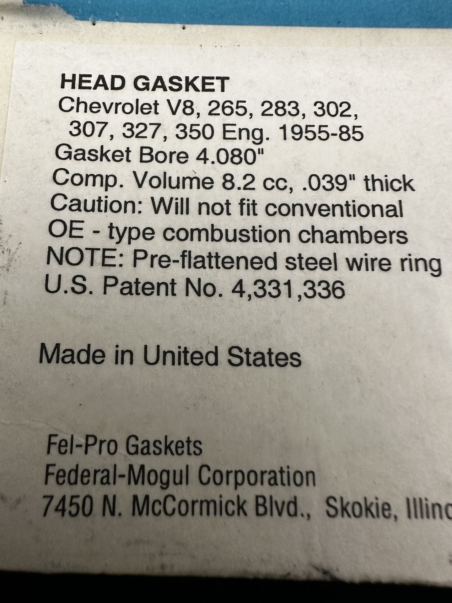 SBC, Head Gasket, 4.080" Bore, .039" Thickness, Steel Core Laminate