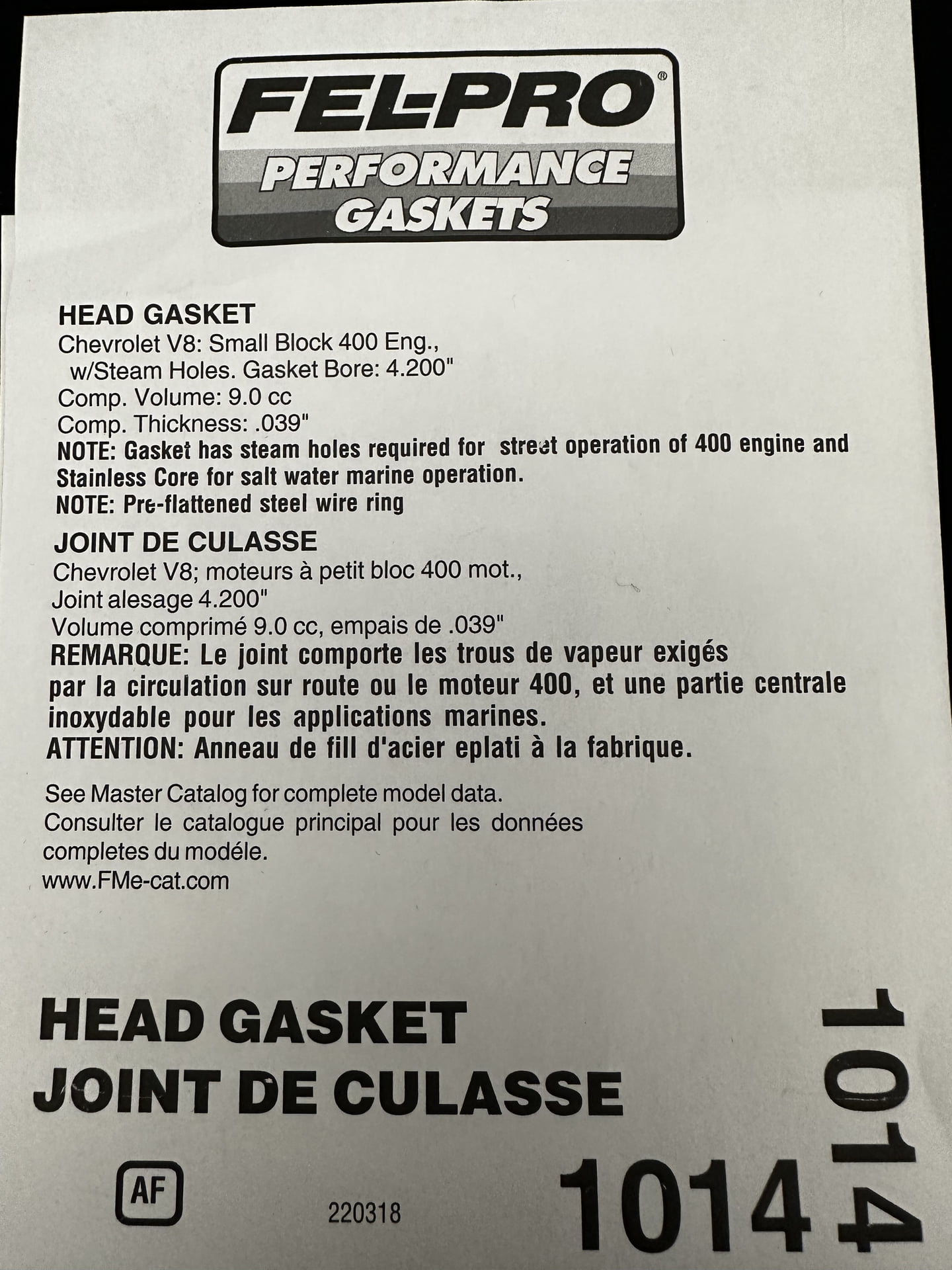 SBC, 400 Head Gasket, 4.200", Composition Type, .039" Compressed