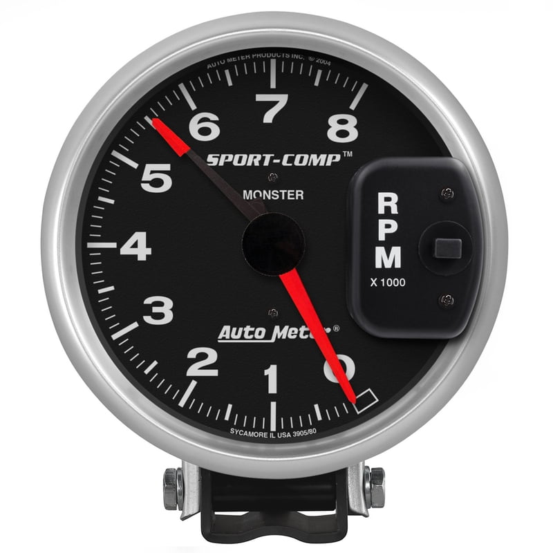 5" Sport-Comp, 0-8,000 RPM, Tachometer, Analog, Electrical, Pedastal Mount, Black Face, Silver Bezel, Red Needle, 4, 6, 8 Cyl.
