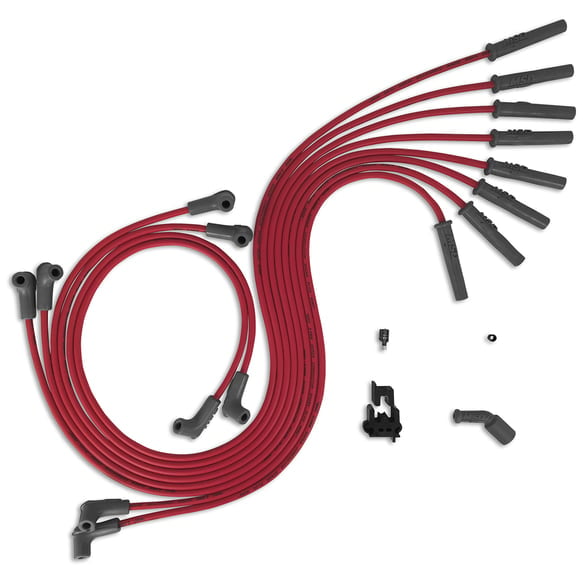 LS, Universal Spark Plug Wires, Super Conductor, Spiral Core, 8.5mm, Red, *Multi-Angle Boots On One End & 90° Plug Boot On The Other End Universal GM Gen III, Set *Cut To fit