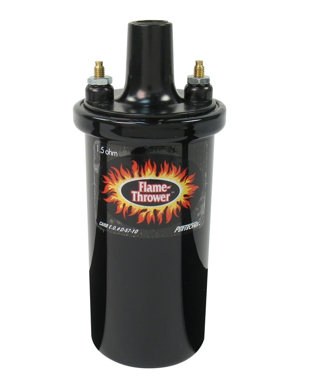 Ignition Coil, Flame-Thrower, Canister, Round, Black, Epoxy, Black, 40,000 V, Primary 1.500 ohms, Secondary 10.60k ohms, Female Socket Top Coil Wire Style, 2.1555" Round, 5.45" Tall