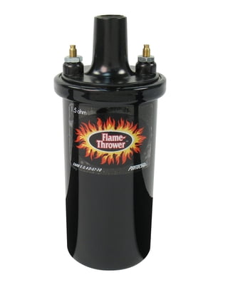 Coils Ignition Coil, Flame-Thrower, Canister, Round, Black, Epoxy, Black, 40,000 V, Primary 1.500 ohms, Secondary 10.60k ohms, Female Socket Top Coil Wire Style, 2.1555" Round, 5.45" Tall