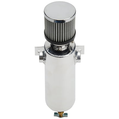Breather Tank, 3.00" Diameter, 11.50" Tall, Dual 3/8" Female NPT Fittings, Dry Sump Breather Style, Over Flow, Round, Aluminum, Natural, Filtered Breather