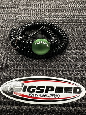Atomic Billet, "FuelTech" Laser Etched Mushroom Button, GREEN, Large 1.18" / 30mm Face, Push Button, Momentary Armed, 6' Black Coiled Cord, Max 12 Amps