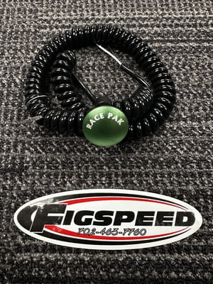 Atomic Billet, "RacePak" Laser Etched Mushroom Button, GREEN, Large 1.18" / 30mm Face, Push Button, Momentary Armed, 6' Black Coiled Cord, Max 12 Amps