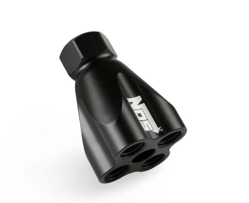 Showerhead Distribution Block, Inlet: -8 AN O-Ring Female Port, Outlet: (4) x -6 AN O-Ring Female Port, No Fittings, Black Anodized, #8, #6
